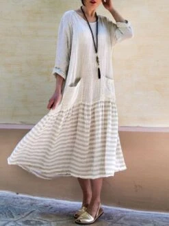 Casual Crew Neck 3/4 Sleeve Cotton Casual Dress