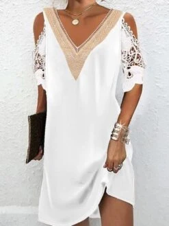 V Neck Plain Lace Casual Dress
