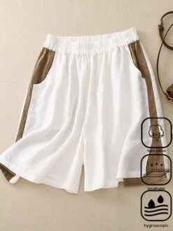 Casual Loose Color Block Cotton And Linen Shorts