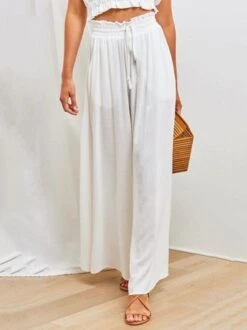 Women Wide Leg Pants Summer Boho Elastic Waist Drawstring Pockets Flowy Beach Trousers -Women's Fashion Store 680299cce30151b8131d316e601c5cb1