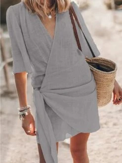 V Neck Knot Front Casual Loose Dress -Women's Fashion Store 69fe5a593ab90cdab59f2dc1e0a83fba
