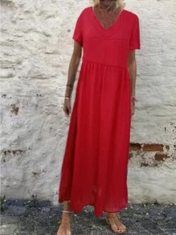 Cotton-Blend Casual Short Sleeve V Neck Women Maxi Dress -Women's Fashion Store 6a2862bd5b2346d924312c561d44fa0b