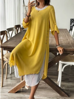Women's Long Sleeve Spring/Fall Yellow Plain Asymmetric Crew Neck Daily Going Out Casual Two Piece Maxi A-Line Dress
