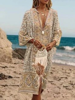 Women Boho V Neck V Neck Three Quarter Sleeve Loose Ethnic Vacation Dress -Women's Fashion Store 7 jpg 1582037859907