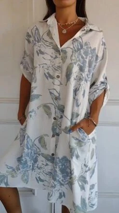 Loose Floral Shawl Collar Casual Dress With No