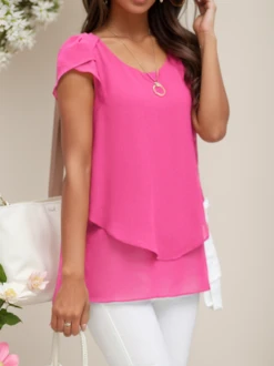Women's Short Sleeve Shirt Summer Green Chiffon Crew Neck Daily Going Out Top -Women's Fashion Store 740745583c092ec73885fdcfec69faea