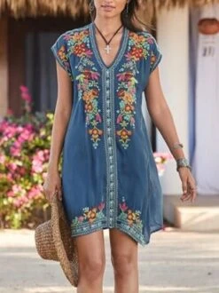 Women Short Sleeve Embroidered Shift V Neck Dress