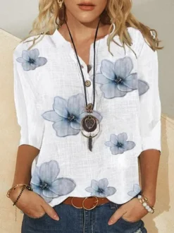 Women's Shirt Blouse Floral Blue Button Casual Shirt Collar Half Sleeve Tops