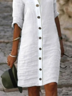 Women Casual Loose Three Quarter Sleeve Button Down Shirt Collar Plain Cotton And Linen Shirt Dress -Women's Fashion Store 78677a0155da790c8f81a85f74d77471