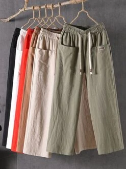 Casual Plain Cotton And Linen Pants
