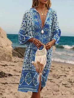 Women Boho V Neck V Neck Three Quarter Sleeve Loose Ethnic Vacation Dress -Women's Fashion Store 8 jpg 1582037859470