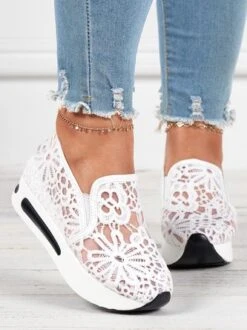 Floral Embroidered Mesh Paneled Slip-On Wedge Sneakers -Women's Fashion Store 80ca40050d6d82ad9d46295e5c6c0452