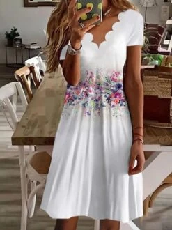 Vacation Floral V Neck Regular Fit Short Sleeve Knit Dress