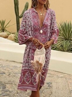 Women Boho V Neck V Neck Three Quarter Sleeve Loose Ethnic Vacation Dress