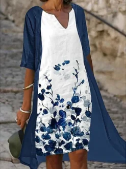Charming Two Pieces V Neck Floral Half Sleeve Mother Of The Bride Groom Wedding Guest Formal Dress With Cardigan