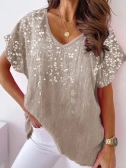 Women Casual Floral And Leaf V Neck Linen Short Sleeve Summer T-shirt