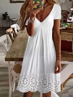 Casual Basics Plain Hollow Out V Neck Short Sleeve Mini Dress