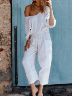 Solid Long Sleeve Cotton Casual Jumpsuit & Romper
