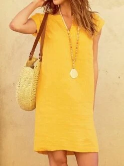 V Neck Women V-neck Daytime Solid Weaving Dress -Women's Fashion Store Dori Linen Yellow Colour Corrected 3 1024x1024 jpg 1553587383496