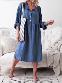 Long Sleeve Shirt Dress Buttoned Down Women Dress