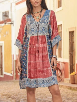 V Neck Half Sleeve Vintage Floral Dress