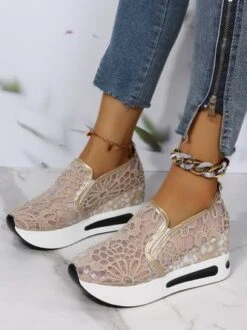 Floral Embroidered Mesh Paneled Slip-On Wedge Sneakers -Women's Fashion Store a13b0c3bc2d3530c7a8e2c1a00d0ba61