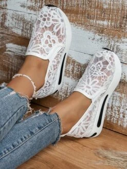 Floral Embroidered Mesh Paneled Slip-On Wedge Sneakers -Women's Fashion Store a43eb65100d7dca175b9585cf274c5cd