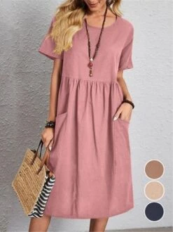Casual Pocket Stitching Plain V Neck Dress