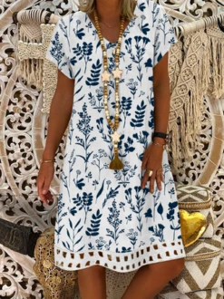 Floral V Neck Linen Style Loose Dress