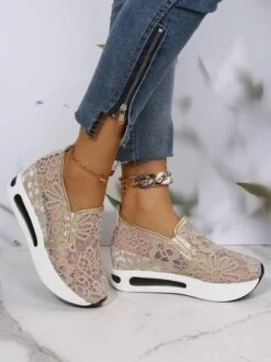 Floral Embroidered Mesh Paneled Slip-On Wedge Sneakers -Women's Fashion Store aa7be71e67616fb444ce42dddac9d9fb