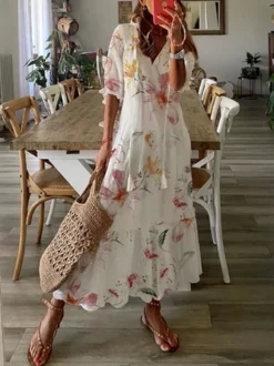 Women Casual Floral V Neck Short Sleeve Summer Vacation Dress