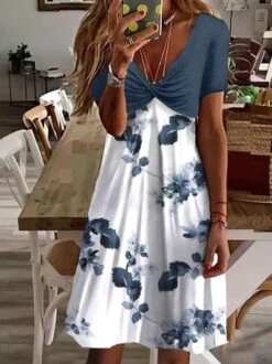 Women Casual Floral V Neck Short Sleeve Dress