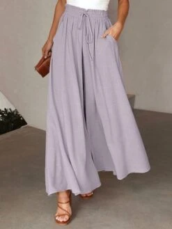 Women Wide Leg Pants Summer Boho Elastic Waist Drawstring Pockets Flowy Beach Trousers -Women's Fashion Store ae8072e6f01de74c7de334cc5b2c564d