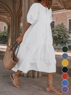 Crew Neck Loose Plain Vacation Dress