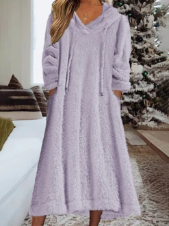 Casual Plain Winter Loose Drawstring Fluff/Granular Fleece Fabric Hoodie Dress -Women's Fashion Store b8312e44634e09896edca27fdbc03be2