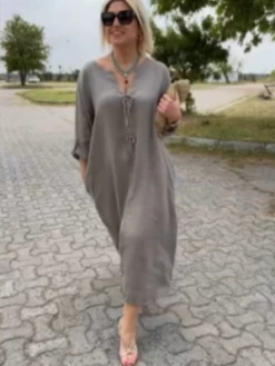 Casual Plain Loose Notched Dress With No -Women's Fashion Store b92dc39099da0b155121a7e38eb1062f