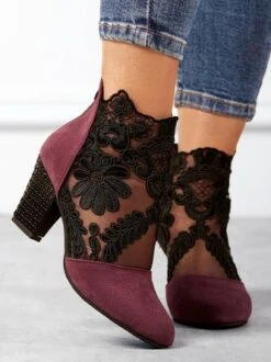 Lace Split Joint Chunky Heel Sandals Boots With Back Zip