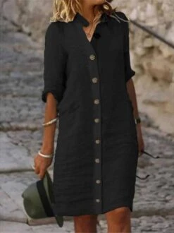 Women Casual Loose Three Quarter Sleeve Button Down Shirt Collar Plain Cotton And Linen Shirt Dress -Women's Fashion Store c2c168144c39395cfef9b34c3a204e63
