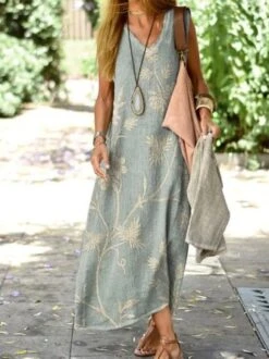 Women's Sleeveless Summer Green Floral V Neck Daily Going Out Casual Maxi A-Line Dress