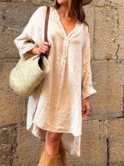 Notched Plain Vacation Loose Dress With No