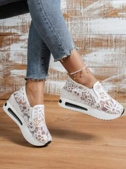 Floral Embroidered Mesh Paneled Slip-On Wedge Sneakers -Women's Fashion Store c995129519899d0f1f06e12b9808c98d
