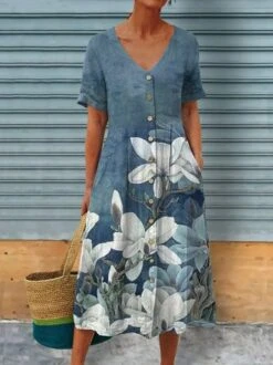 V Neck Floral Casual Dress With No