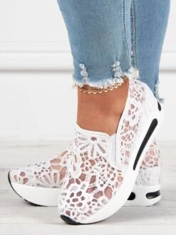 Floral Embroidered Mesh Paneled Slip-On Wedge Sneakers -Women's Fashion Store d205f1cc031371212d38e1e5637fcf2a