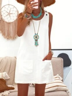 Women Plain Crew Neck Pockets Sleeveless Summer Tank Dress