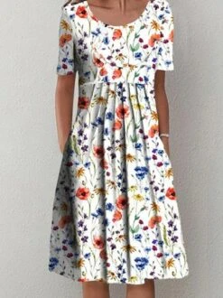 Women Floral Loose Pockets Casual Short Sleeve Dress