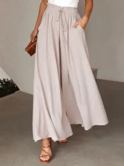 Women Wide Leg Pants Summer Boho Elastic Waist Drawstring Pockets Flowy Beach Trousers