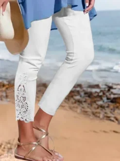 Women Casual Plain Hollow Out Lace Leggings Ankle Pants