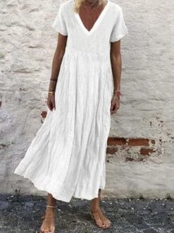 Cotton-Blend Casual Short Sleeve V Neck Women Maxi Dress