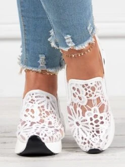 Floral Embroidered Mesh Paneled Slip-On Wedge Sneakers -Women's Fashion Store e12404b13b8380ae2ac542cfbf4b673a