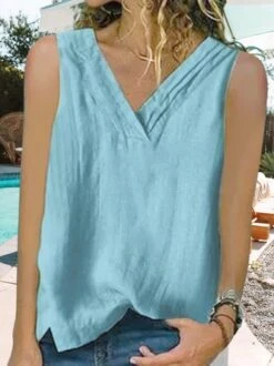 Women Summer Loose Solid V Neck Basic Sleeveless Tank Top -Women's Fashion Store e56182fbf2d6a6786e6d0fe14447c818
